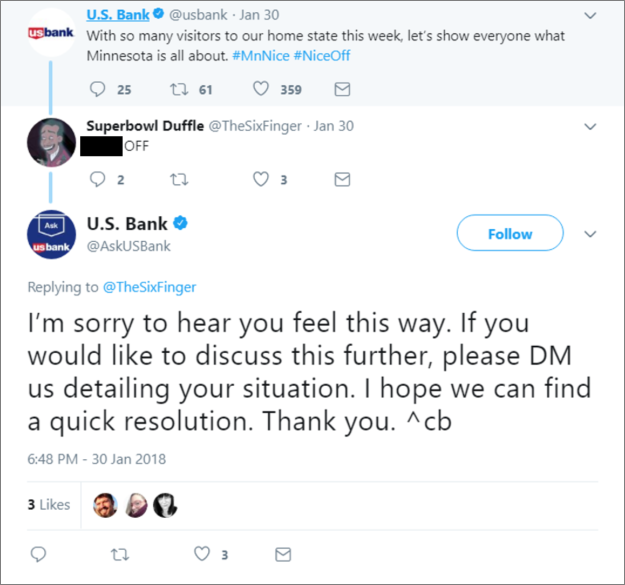 US Bank's Repsonse to Nice Off Troll