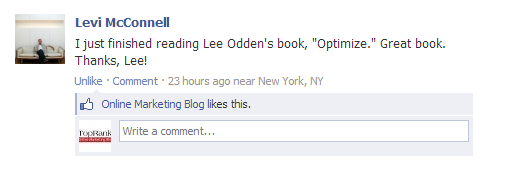 Optimize book by Lee Odden Facebook comment