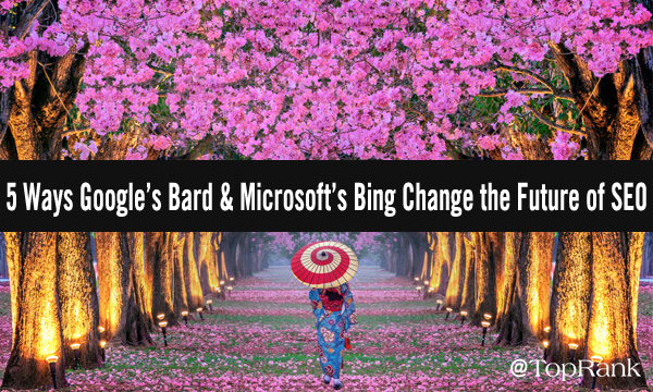 5 ways Google's Bard and Microsoft's Bing change the future of SEO woman walking in a forest of purple flowers image