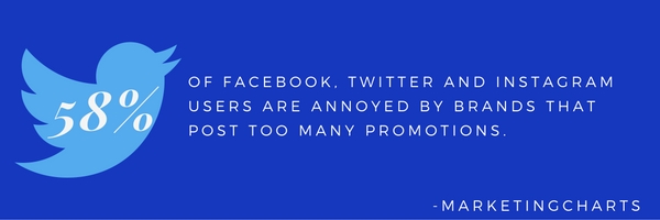 58% OF FACEBOOK, TWITTER AND INSTAGRAM USERS ARE ANNOYED BY BRANDS THAT POST TOO MANY PROMOTIONS.