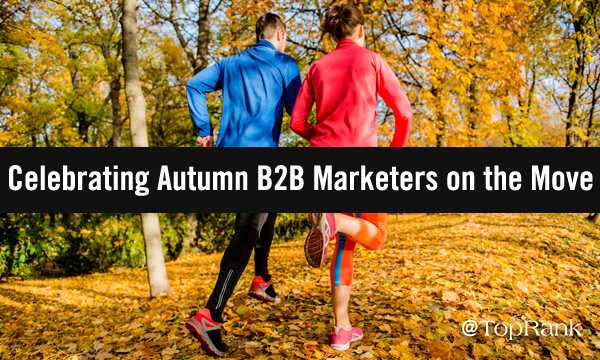 Celebrating Autumn B2B marketers on the move runners in leaves image