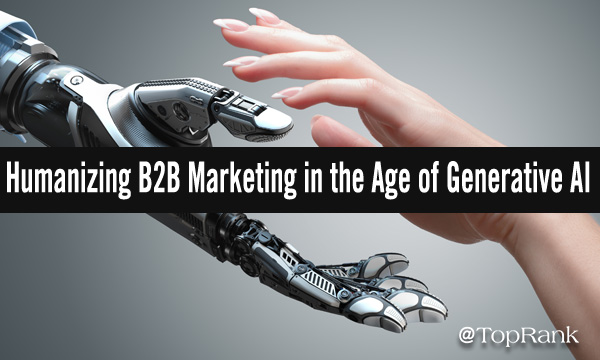 Humanizing B2B marketing in the age of generative AI content, robot hand reaching out to grasp human hand in showing of partnership.